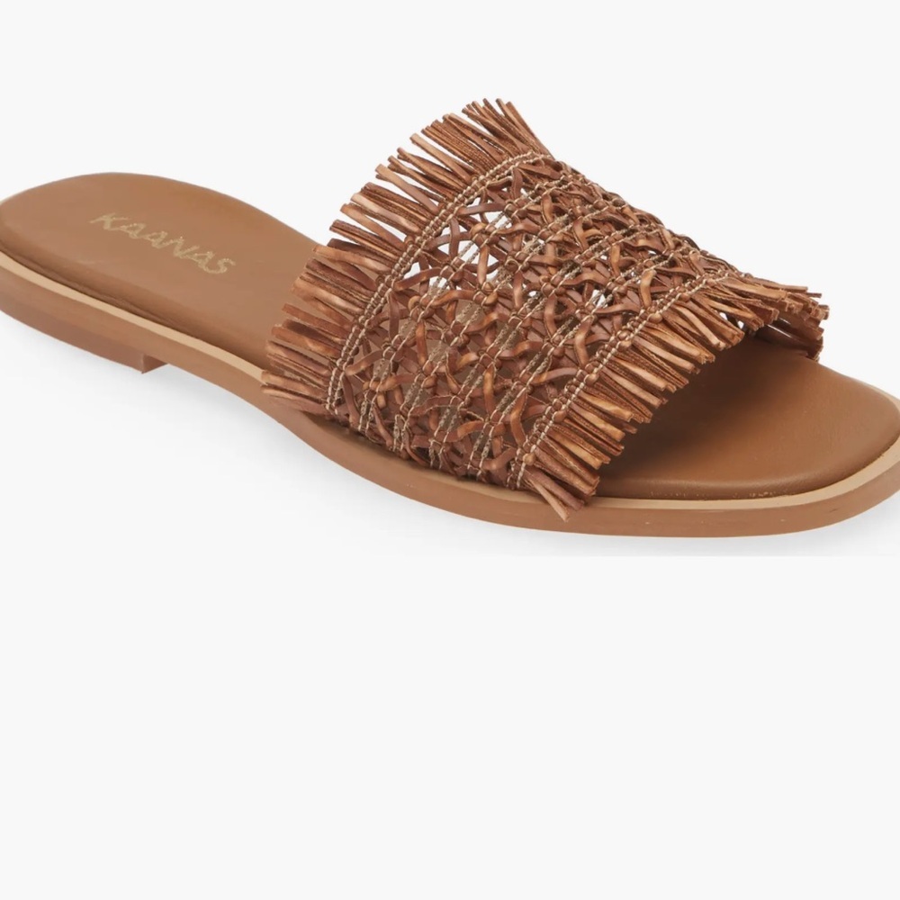 Kaanas Slide Sandals Womens Size 8 Beige Brown Woven Fringe Strap Flat Open Toe